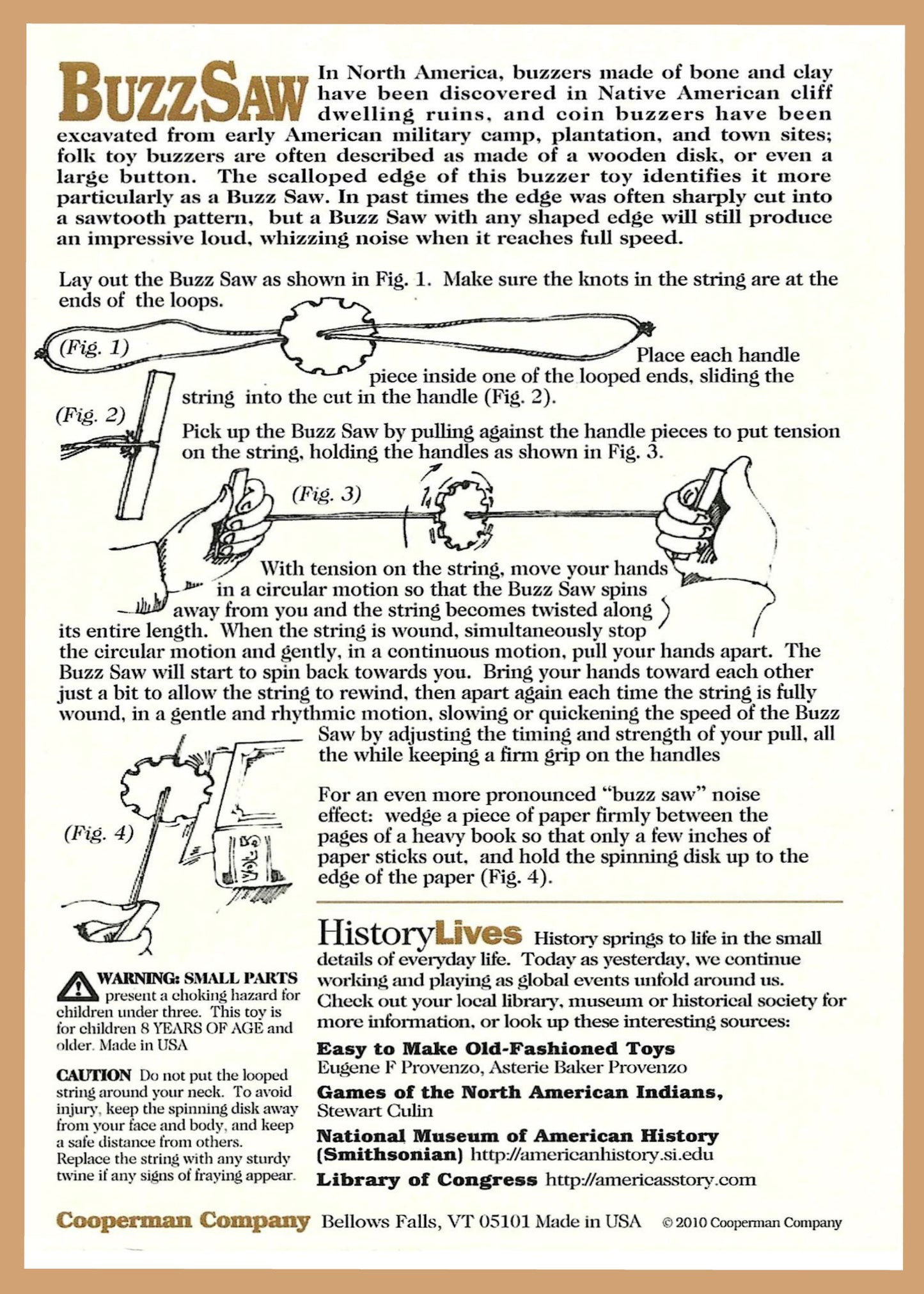 Buzz Saw, traditional spinning toy, information card back