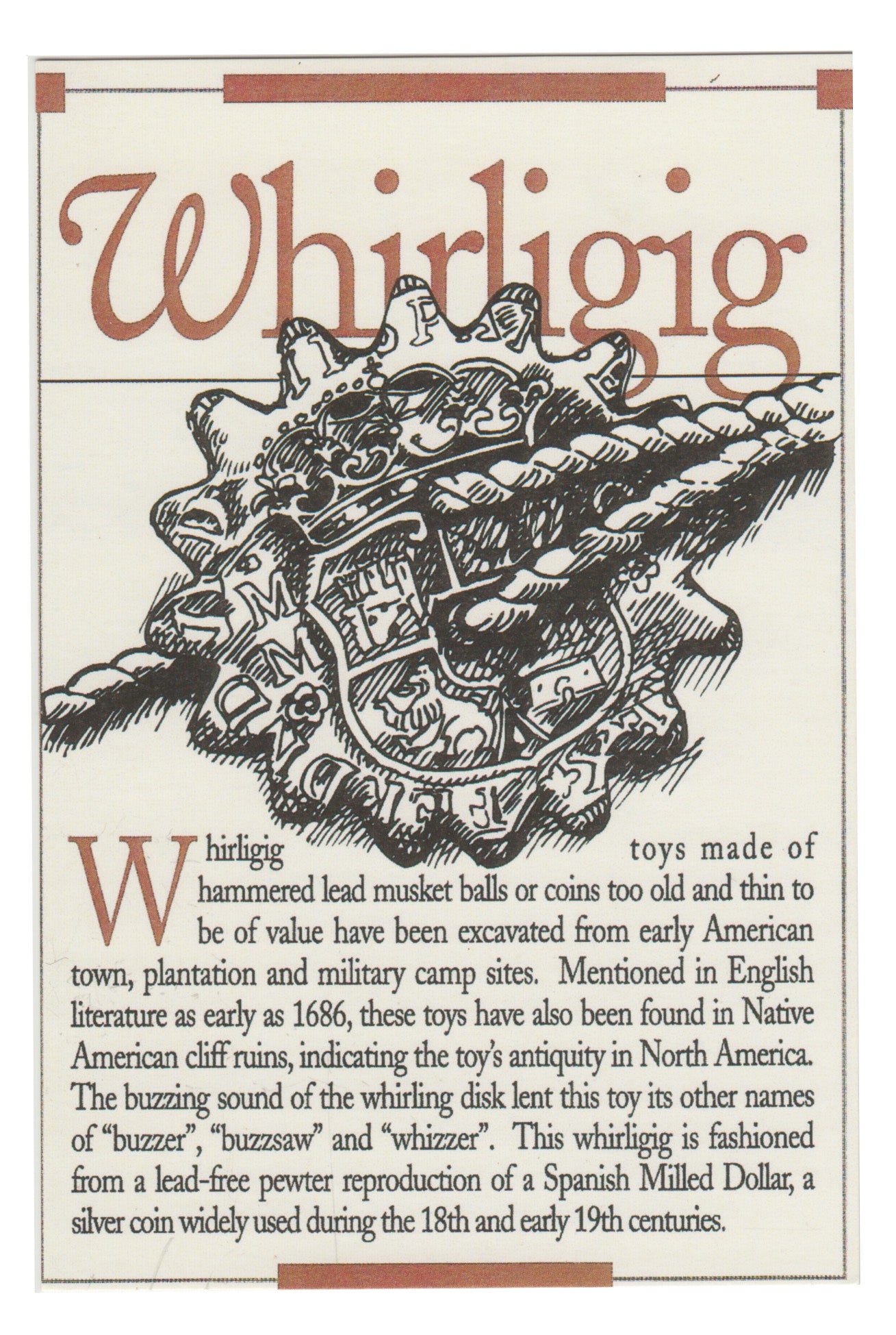 Reproduction early American whirligig coin spinning toy information card front
