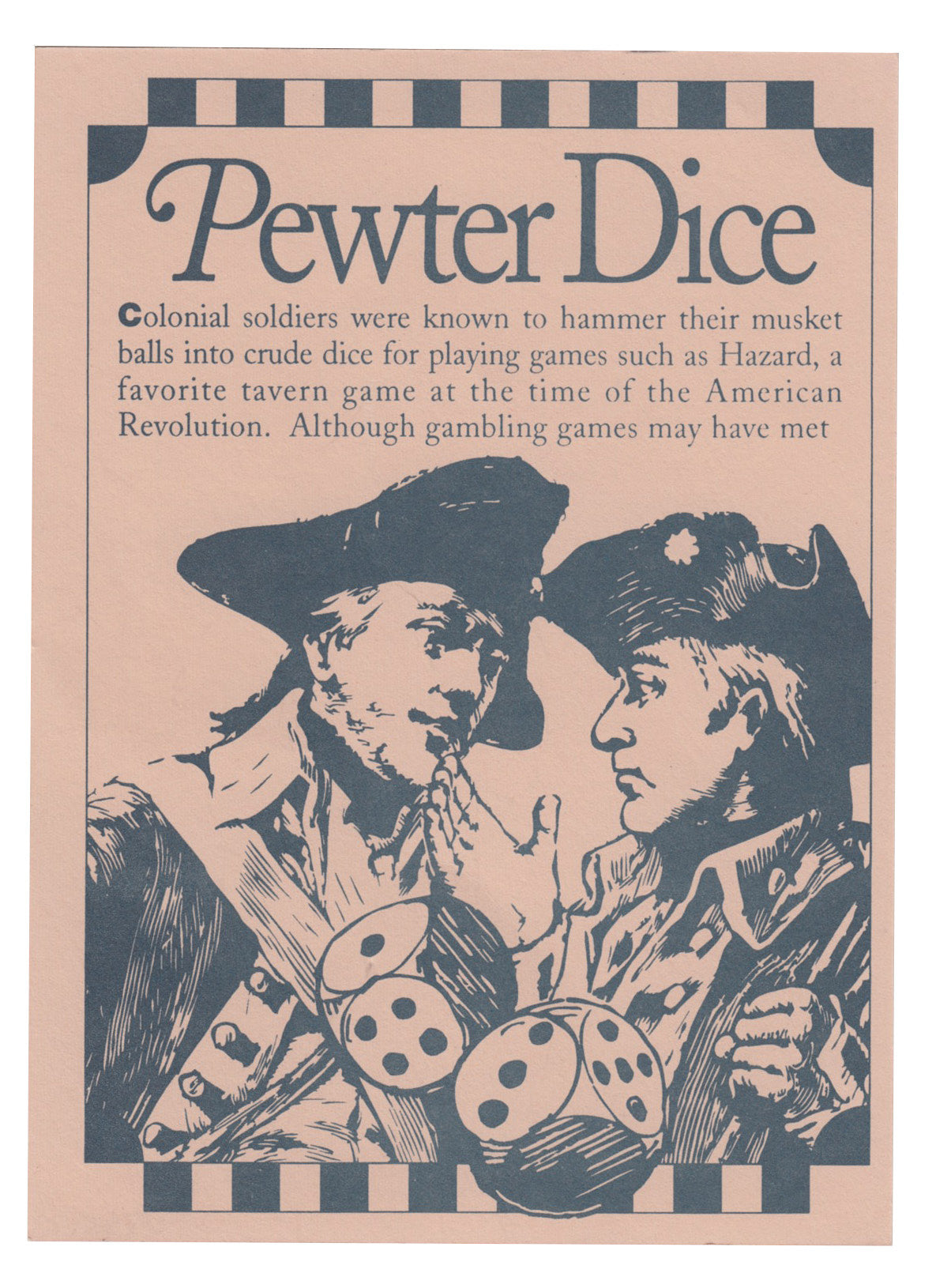 Reproduction lead-free pewter dice package, front