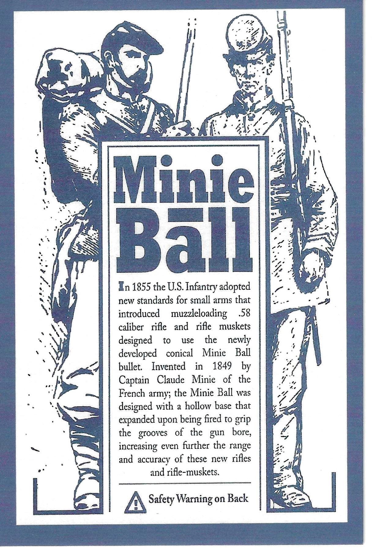 Reproduction Civil War era minie ball cast in lead free pewter, information card front