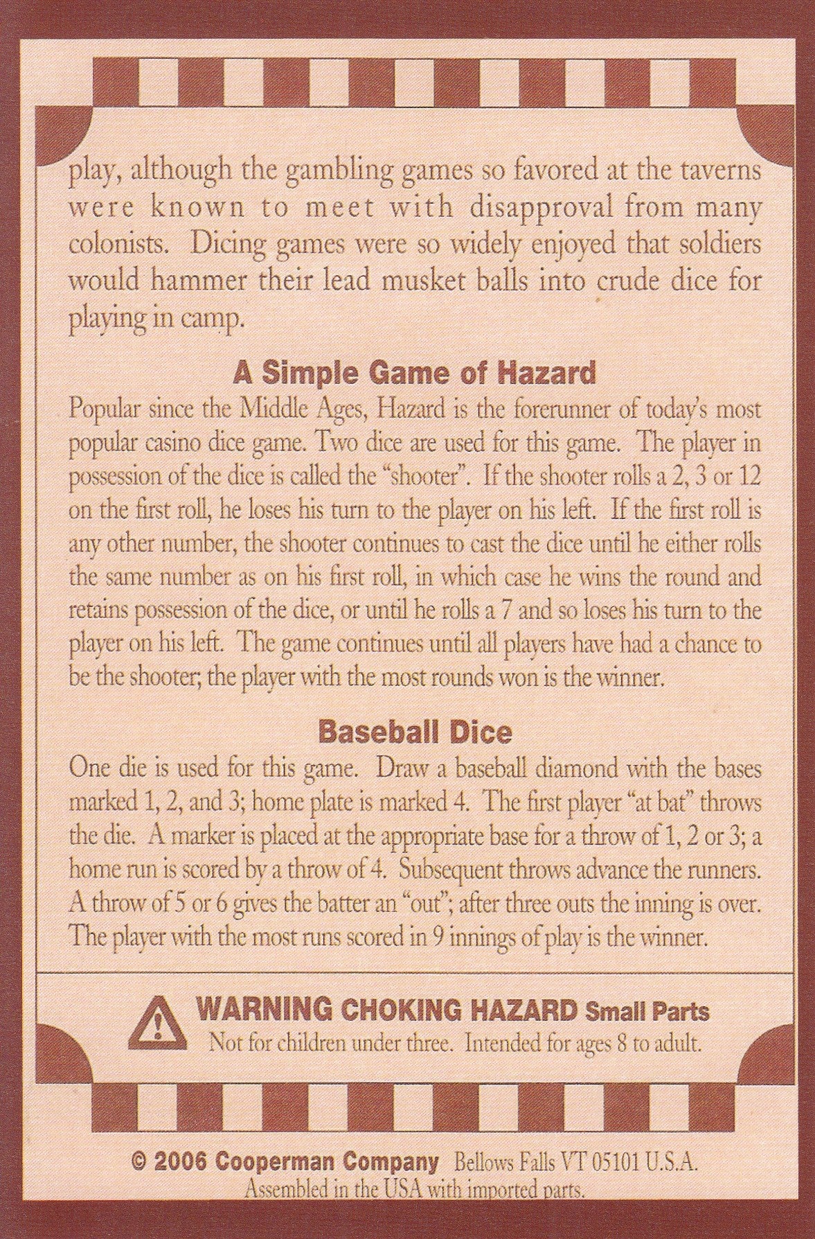 Wood dice set for traditional game play, information card back
