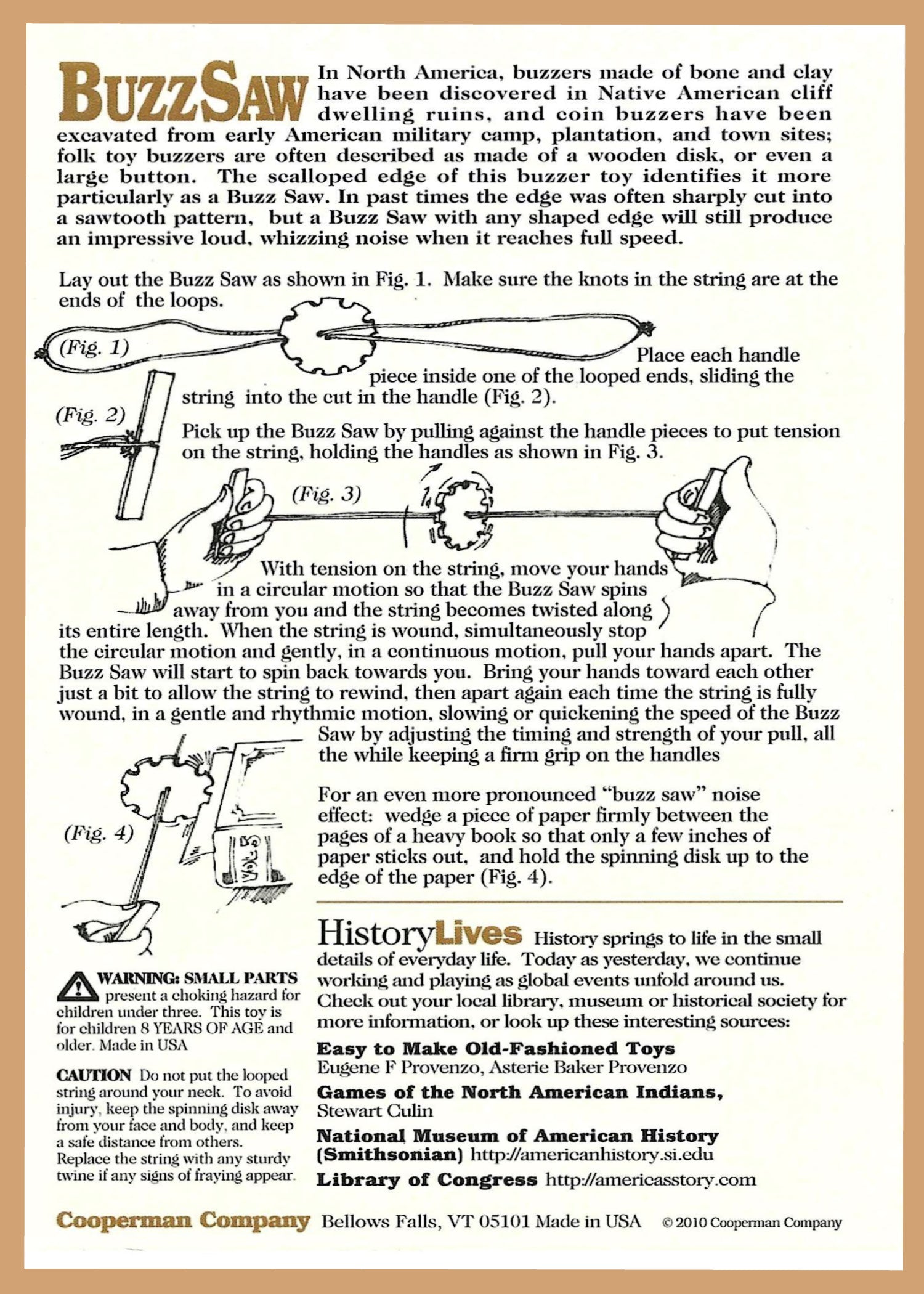 Buzz Saw, traditional spinning toy, information card back