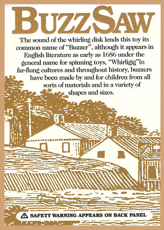 Buzz Saw, traditional spinning toy, information card front