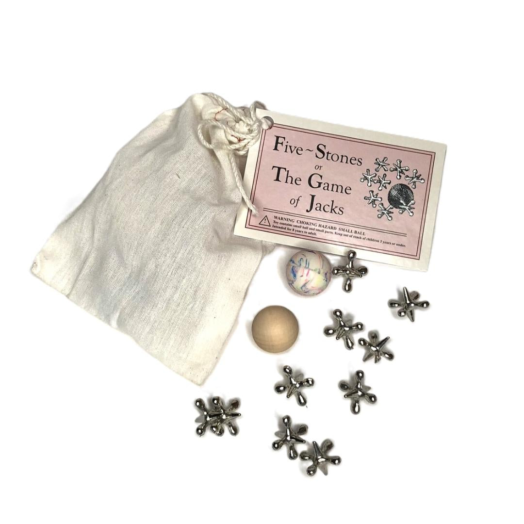 Game of Pewter Jacks, traditional game, in cotton pouch with history and instructions
