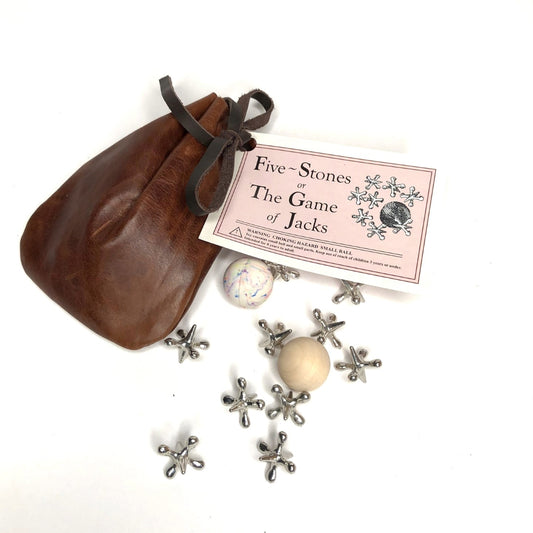 Game of Pewter Jacks, traditional game, in leather pouch with history and instructions