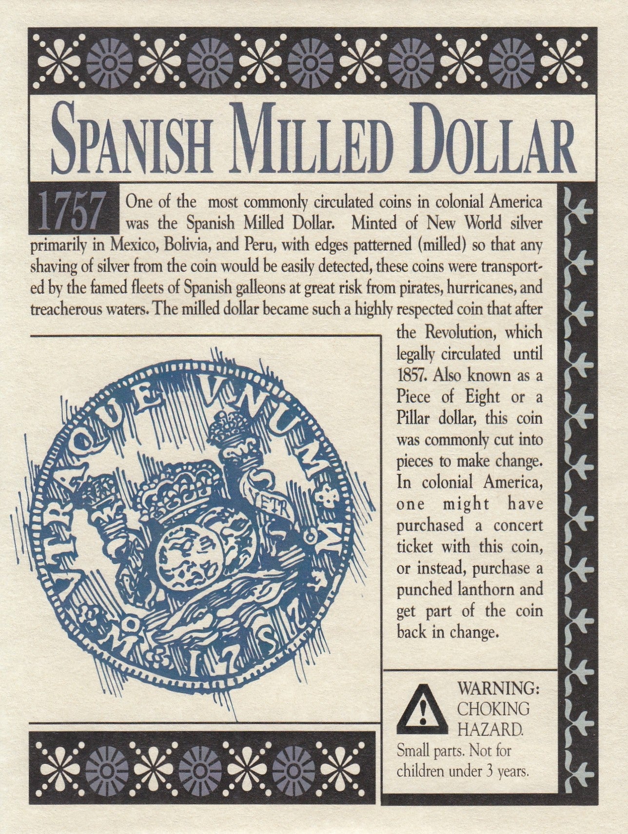 Reproduction Spanish milled dollar struck coin package, front