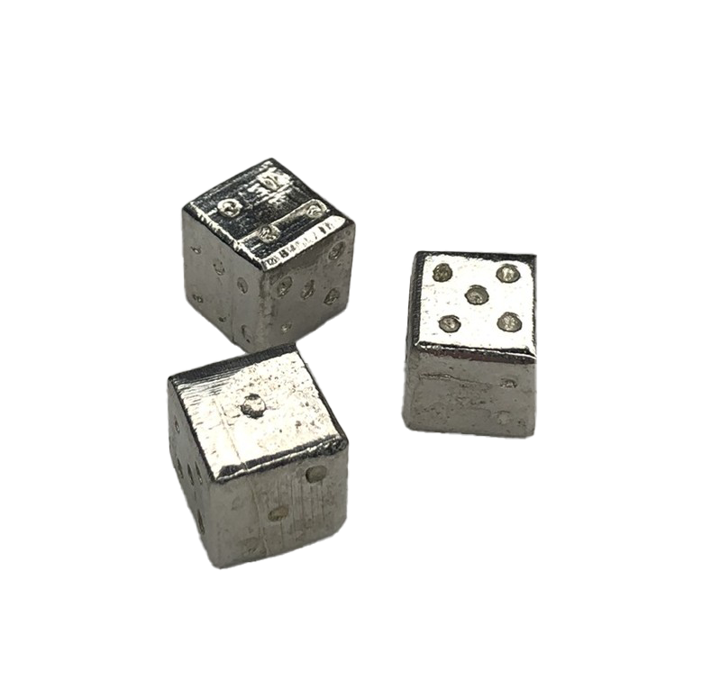 Reproduction lead-free pewter dice like the ones 18th century soldiers were known to make from musket balls