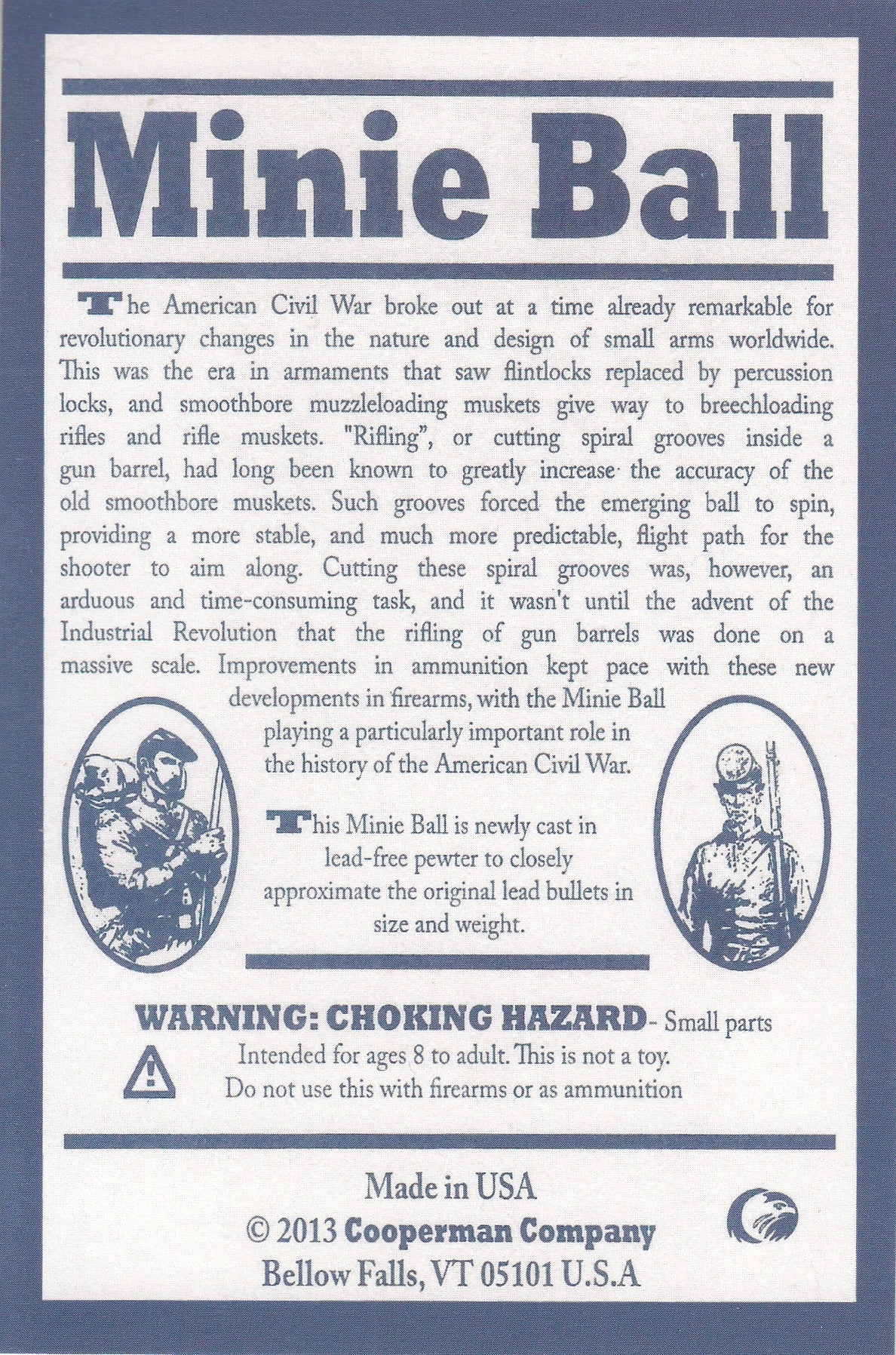Reproduction Civil War era minie ball cast in lead free pewter, information card back