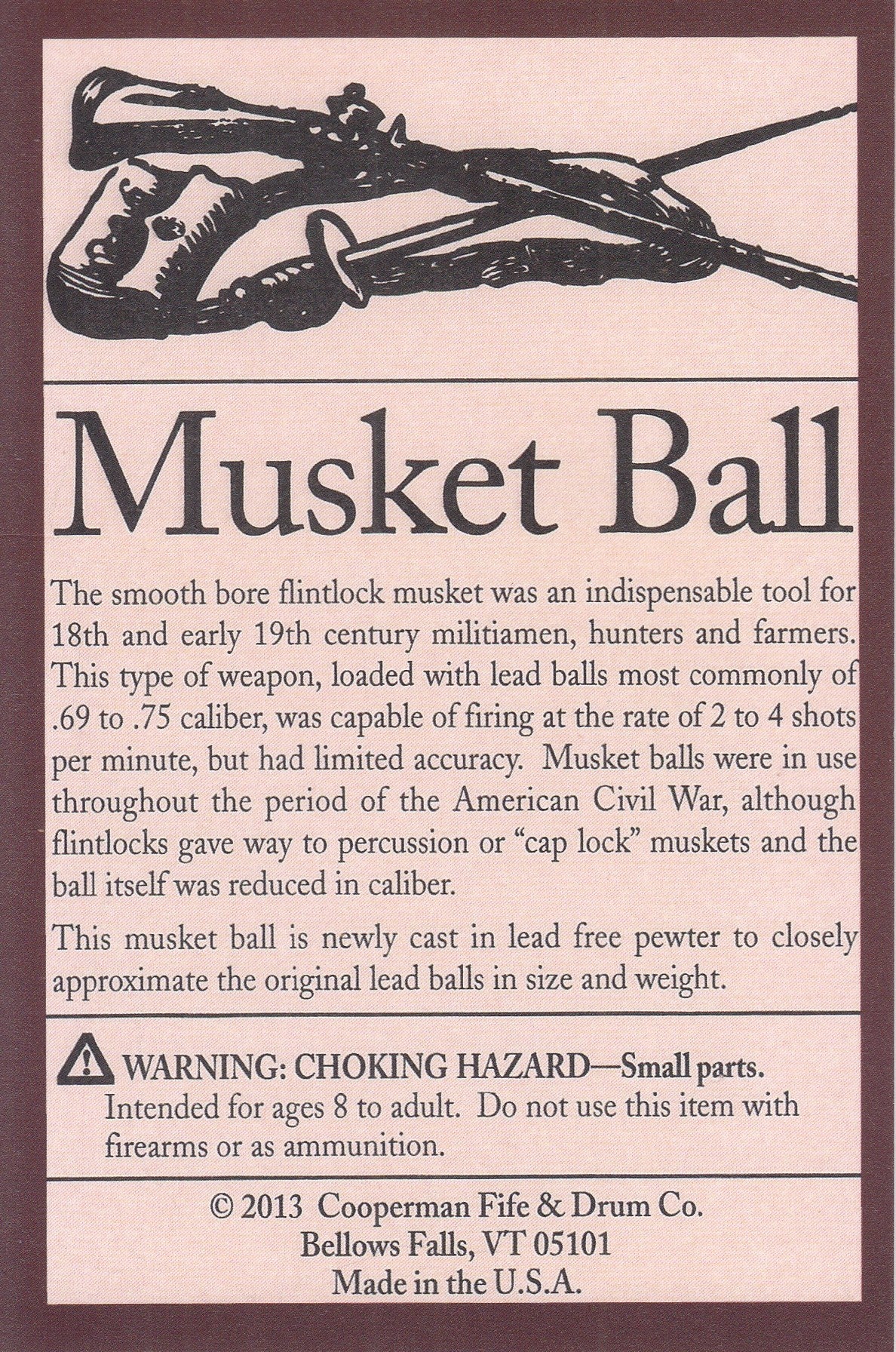 Reproduction musket ball cast in lead-free pewter, information card back