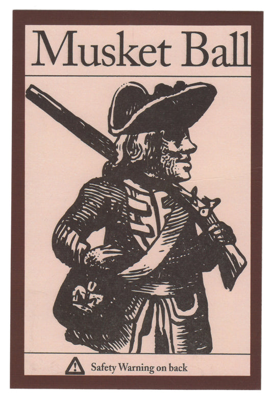 Reproduction musket ball cast in lead-free pewter, information card, front