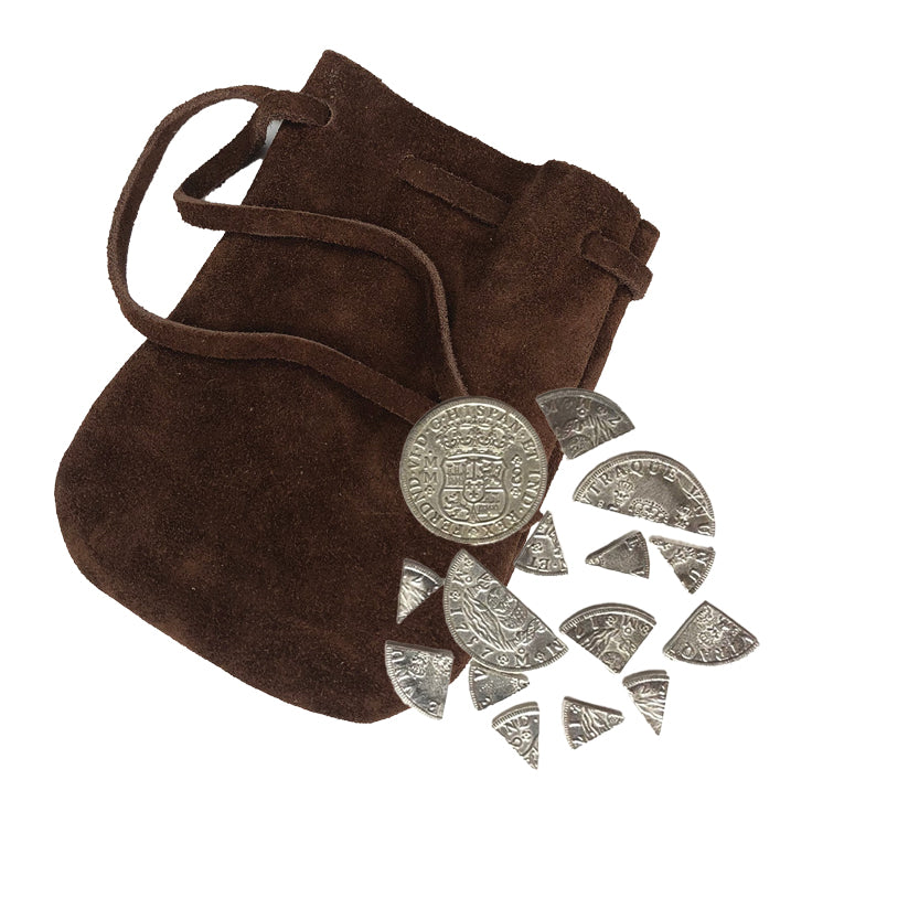 Pieces of Eight set reproduced in pewter, includes a Spanish milled dollar plus eights, quarters, and halves, in a leather pouch.