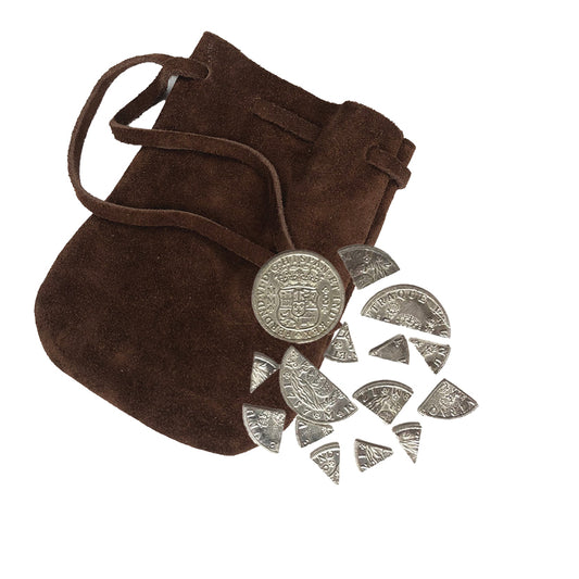 Pieces of Eight set reproduced in pewter, includes a Spanish milled dollar plus eights, quarters, and halves, in a leather pouch.