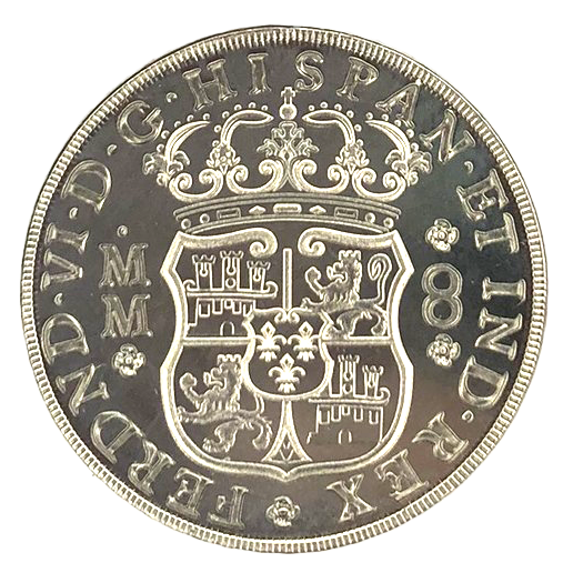 Reproduction  Spanish Milled Dollar, struck coin, obverse