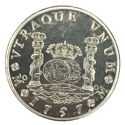 Reproduction  Spanish Milled Dollar, struck coin, obverse