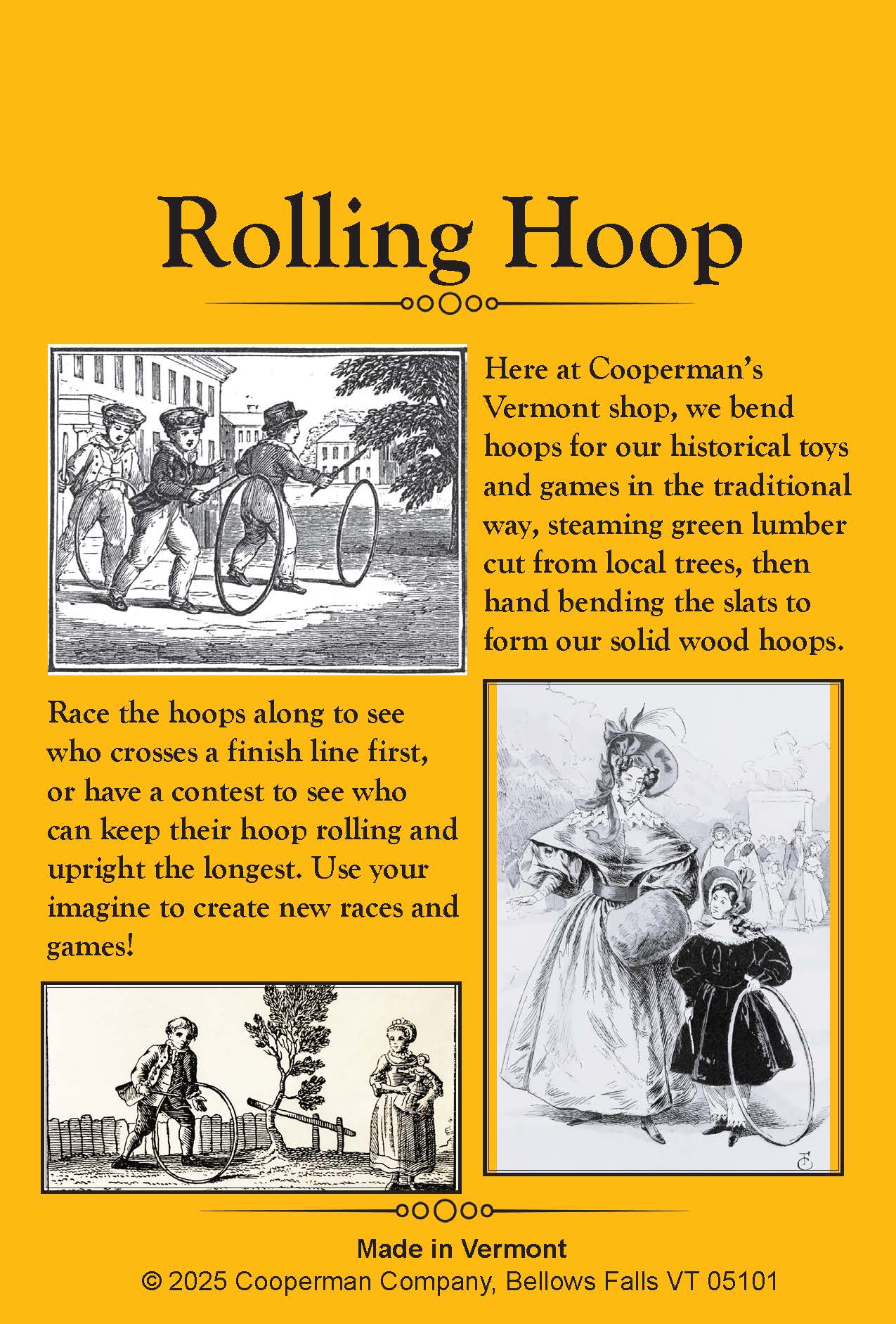 Rolling hoop and stick, a traditional outdoor game. hang tag back