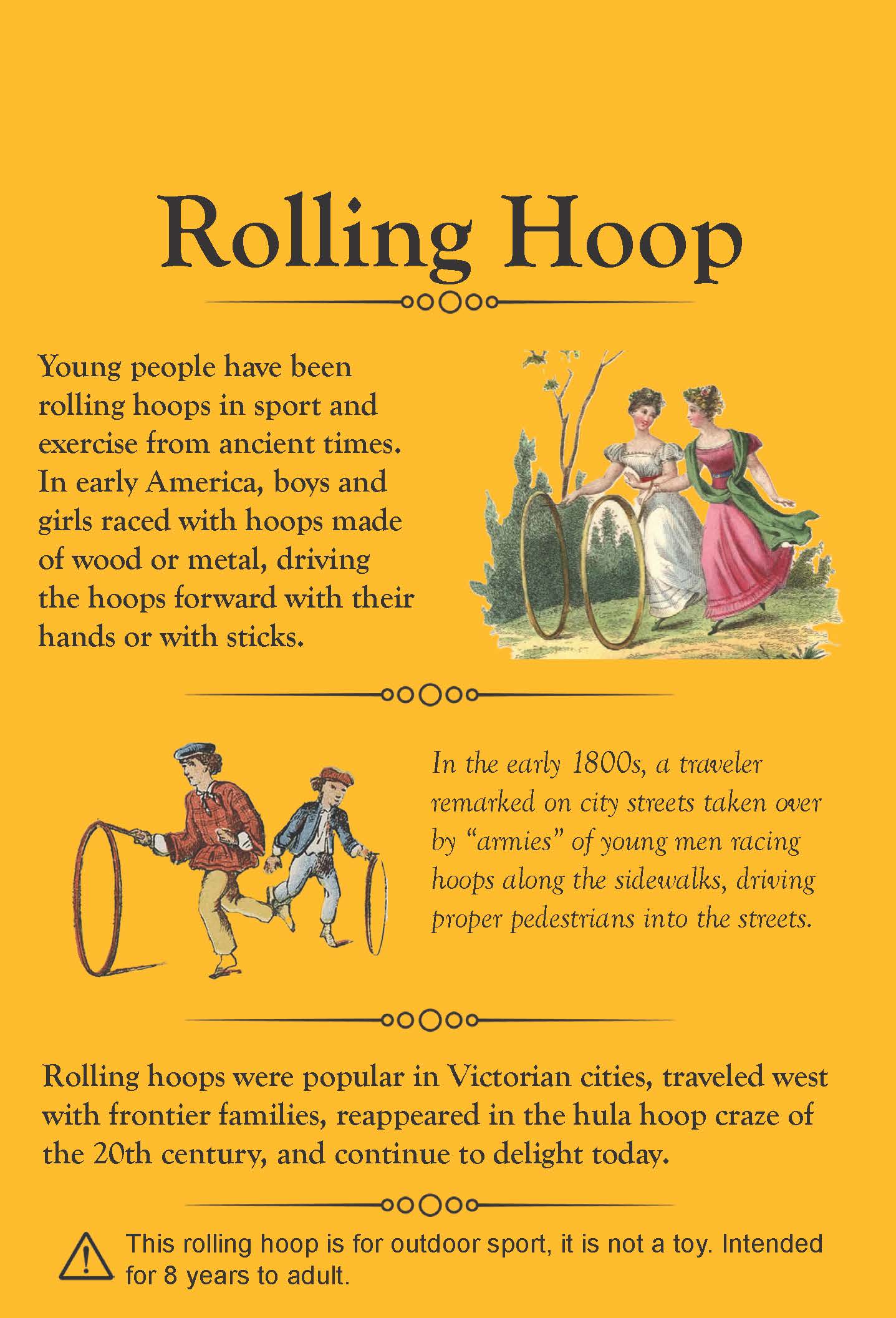 Rolling hoop and stick, a traditional game, hang tag front