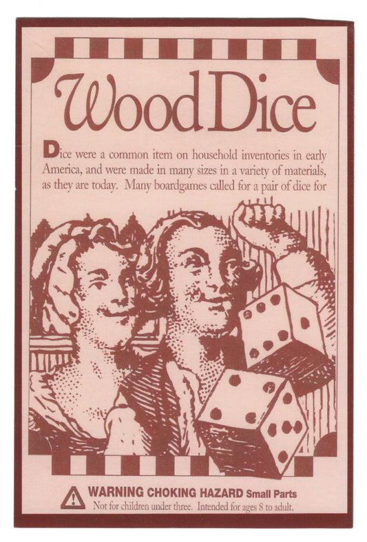 Wood dice set for traditional game play, information card front